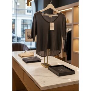 WRAP London Linen Top L Black Breathable V-Neck Short Sleeve NWT